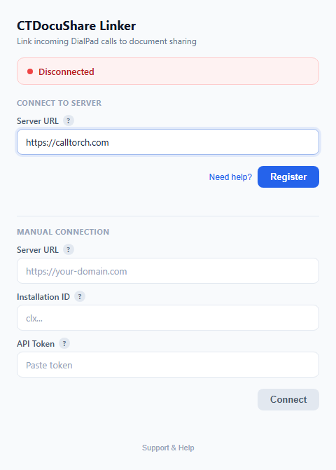 Settings — setup screen